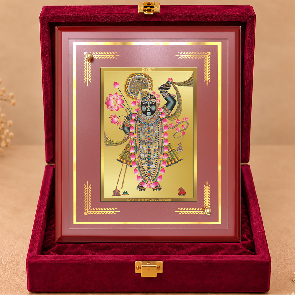24K Gold-Plated Shrinath Ji MDF Frame | Premium Gift Box | 22 X 18 CM