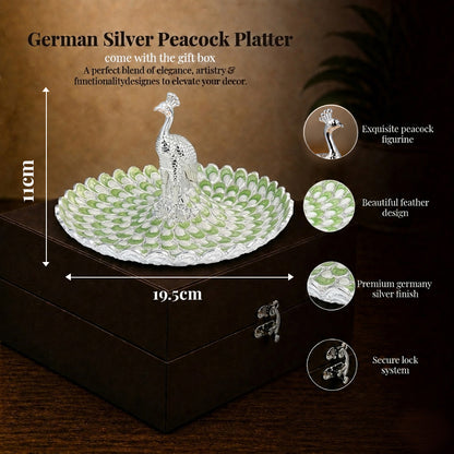 Diviniti Sage Green Peacock German Silver Platter with gift box showcasing intricate feather design.