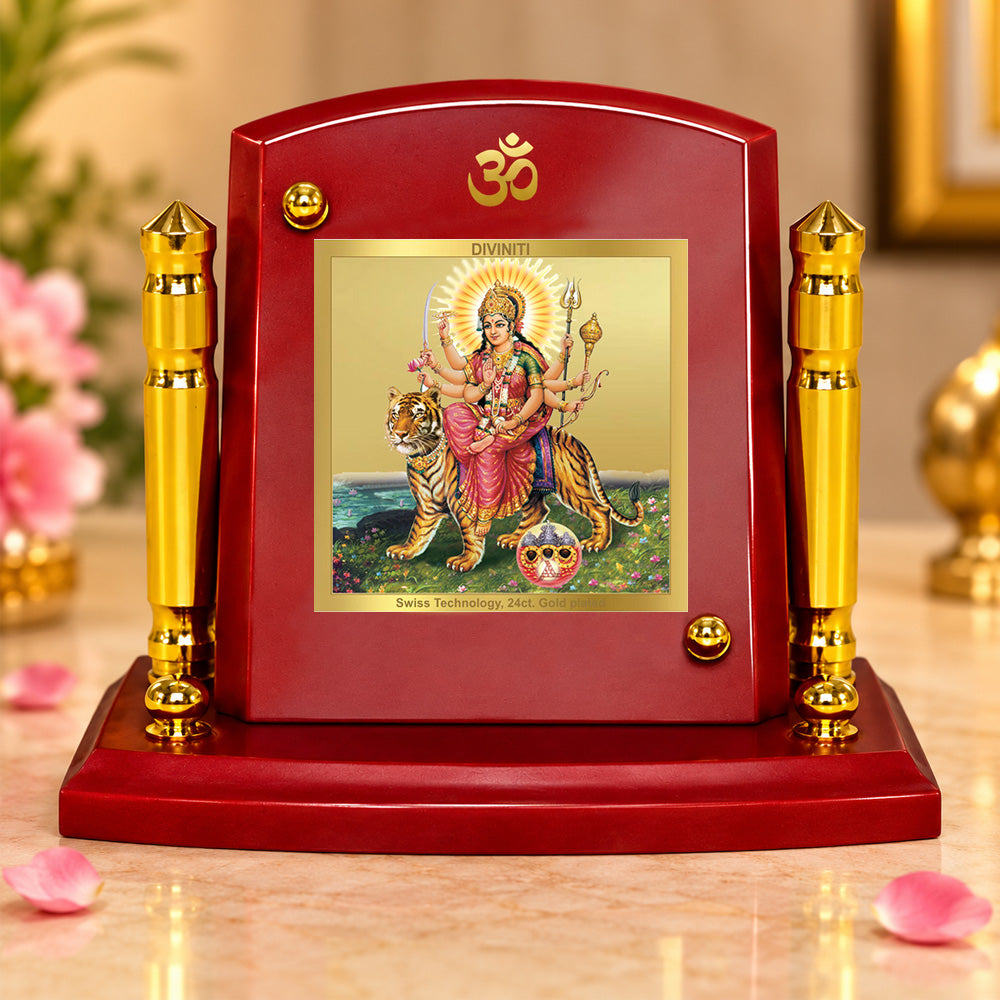 24K Gold-Plated Durga Sherawali Mata with Pindi MDF Car Dashboard Frame | 7.5x9 CM