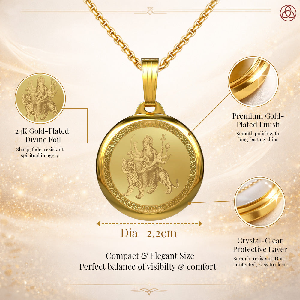 DIVINITI 24K Gold Plated Goddess Durga & Sacred Pindi Pendant – 22mm Double-Sided Spiritual Pendant