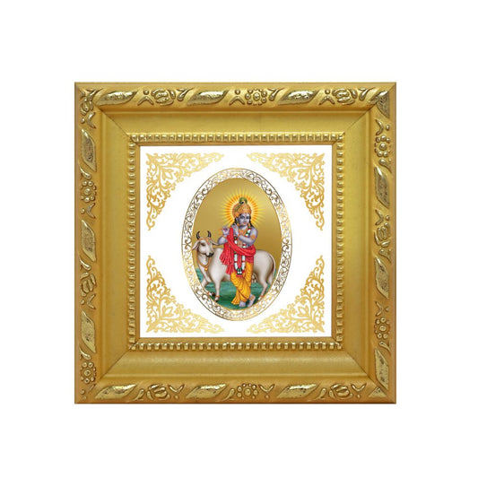 Krishna with Surbhi Cow | Divine Gopal Form Royal Tabletop Photo Frame in 24K Gold Plated Foil