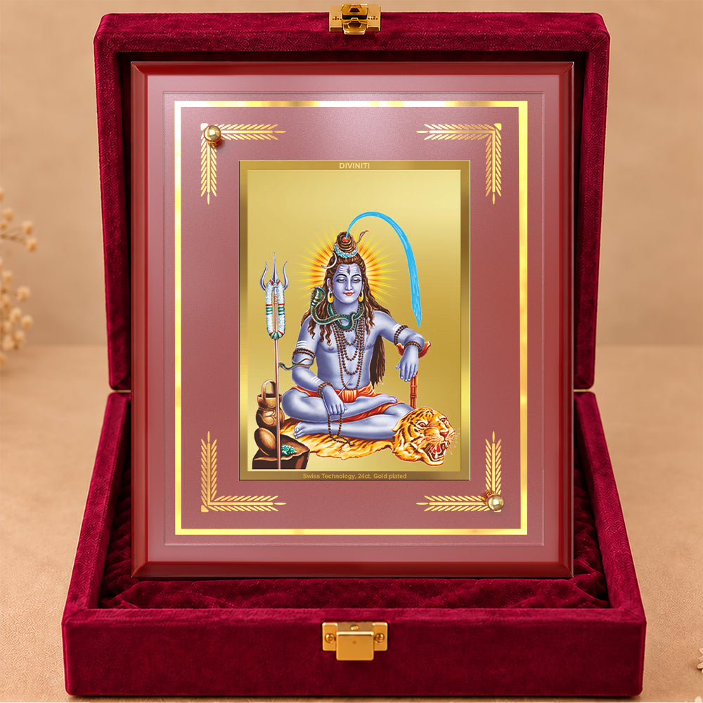 24K Gold-Plated Shiva in Meditation MDF Frame | Premium Gift Box | 22 X 18 CM