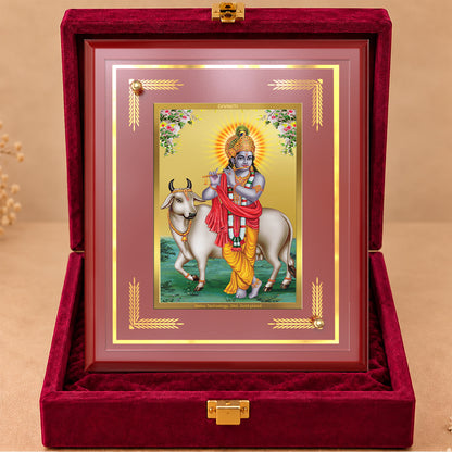 24K Gold-Plated Krishna with Cow MDF Frame | Premium Gift Box | 26x20 CM