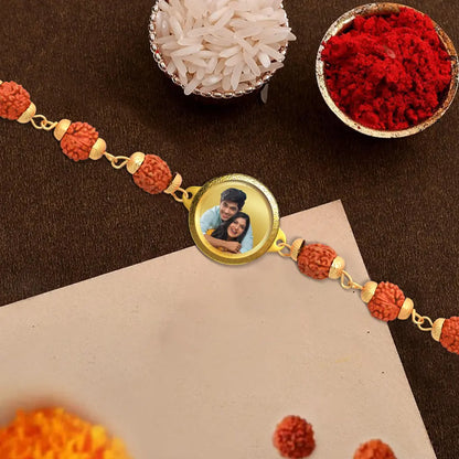 Personalized Rudraksha Rakhi with 18MM 24K Gold Plated Foil Divine Raksha Bandhan Gift