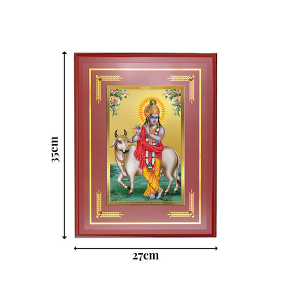 Diviniti 24K Gold Plated Lord Krishna with Surbhi Cow Blessing Tabletop Photo Frame | Love, Compassion & Divine Grace