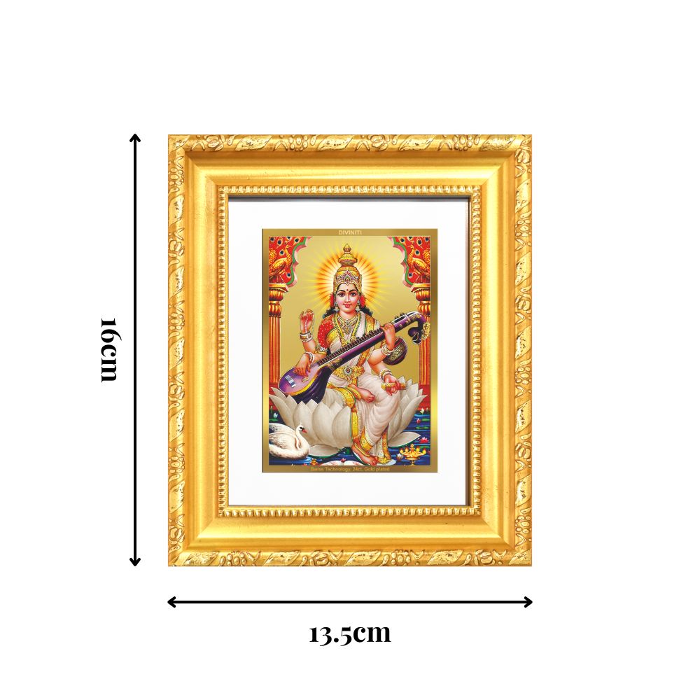 Diviniti 24K Gold Plated Saraswati Mata |Divine Table Top Frame for Home Mandir & Office Decor | Luxury Spiritual Gift