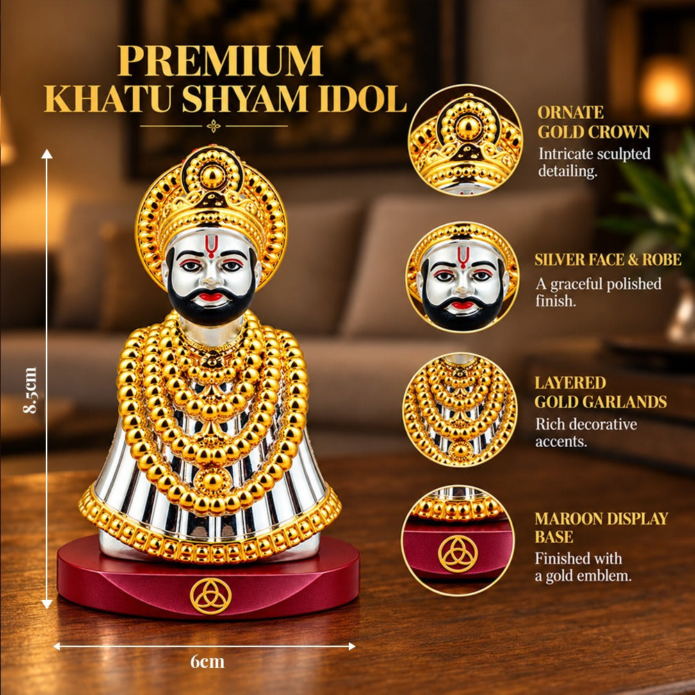 24K Gold & Silver-Plated Khatu Shyam Ji Resin Idol for Car Dashboard | Premium Gift Box | 8.5x6 CM