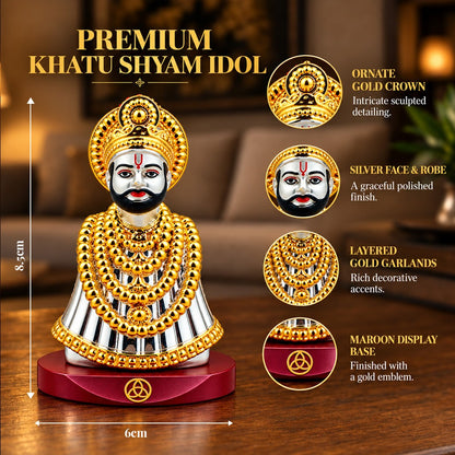 24K Gold & Silver-Plated Khatu Shyam Ji Resin Idol for Car Dashboard | Premium Gift Box | 8.5x6 CM