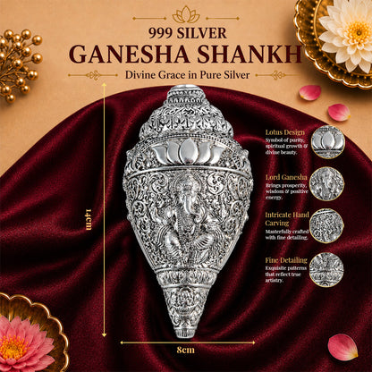 Diviniti 999 Silver Plated Antique Ganesha Shankh Decorative Conch with Gift Box