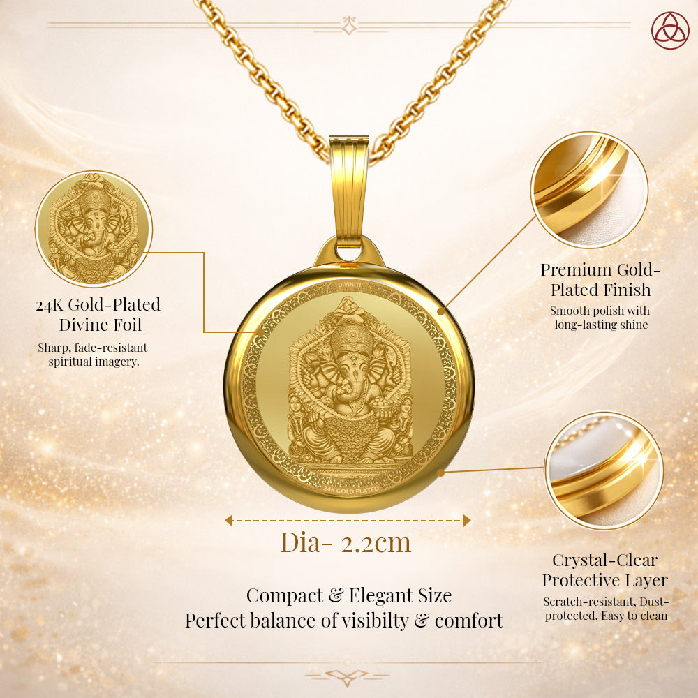 24K Gold Plated Siddhivinayak & Ganesha Yantra Pendant – 22mm Double-Sided Spiritual Pendant