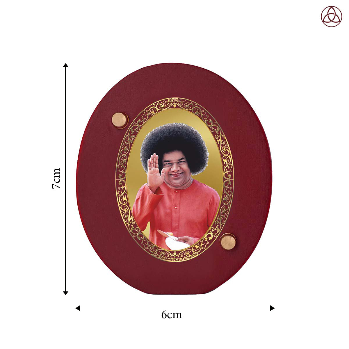 Satya Sai Baba Car Dashboard & Tabletop Photo Frame, 24K gold-plated, 7x6 cm, intricate design.