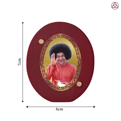 Satya Sai Baba Car Dashboard & Tabletop Photo Frame, 24K gold-plated, 7x6 cm, intricate design.