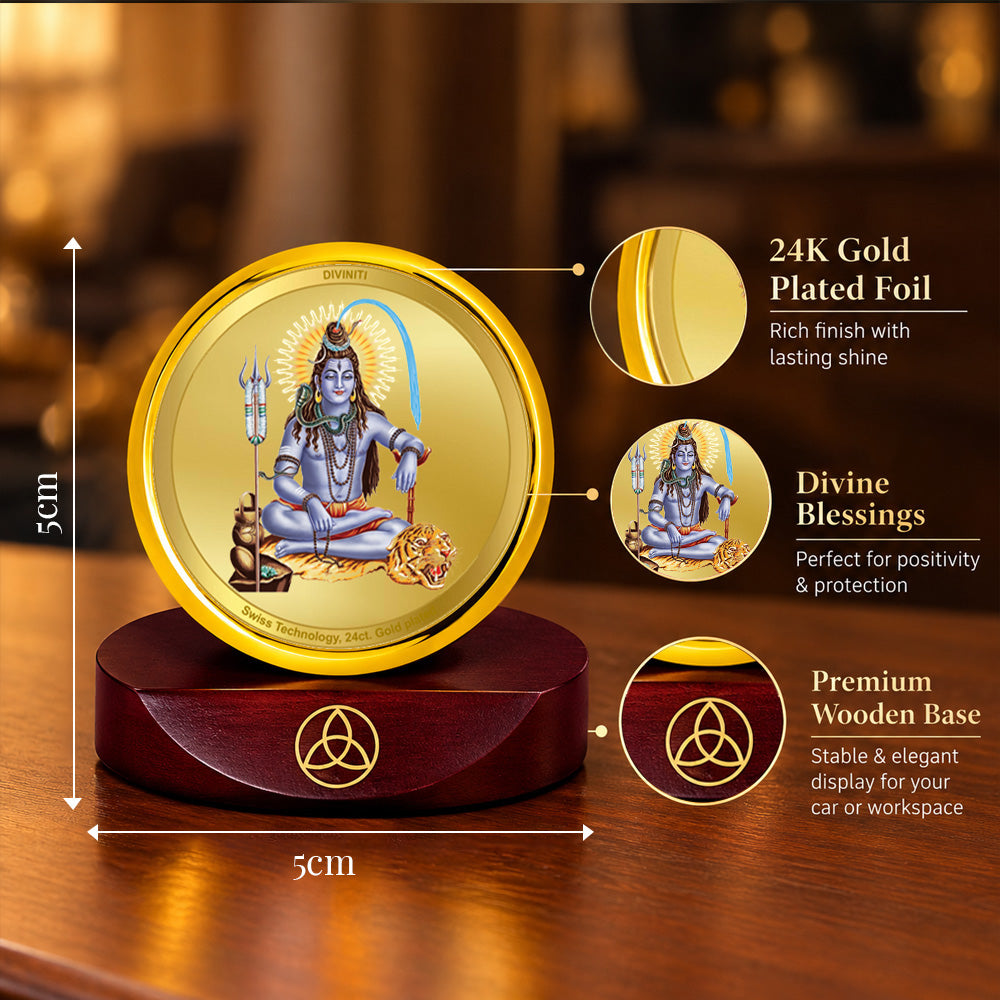 24K Gold-Plated Lord Shiva Car Dashboard Frame | 5x5 CM