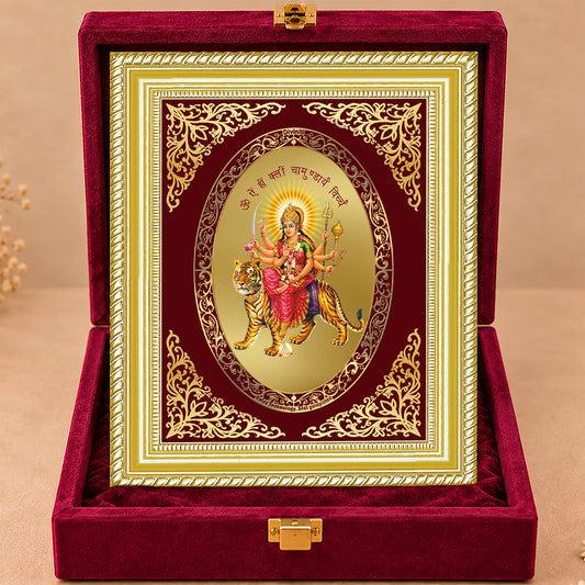 24K Gold-Plated Durga With Mantra Frame | Premium Gift Box | 35x27 CM