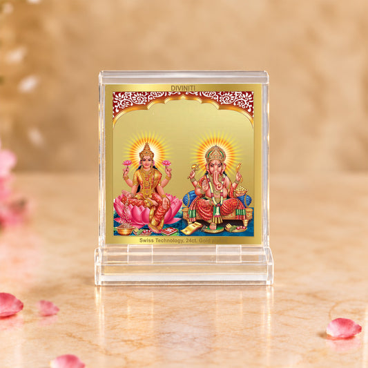 24K Gold-Plated Lakshmi Ganesha Acrylic Car Dashboard Frame | 6x5 CM