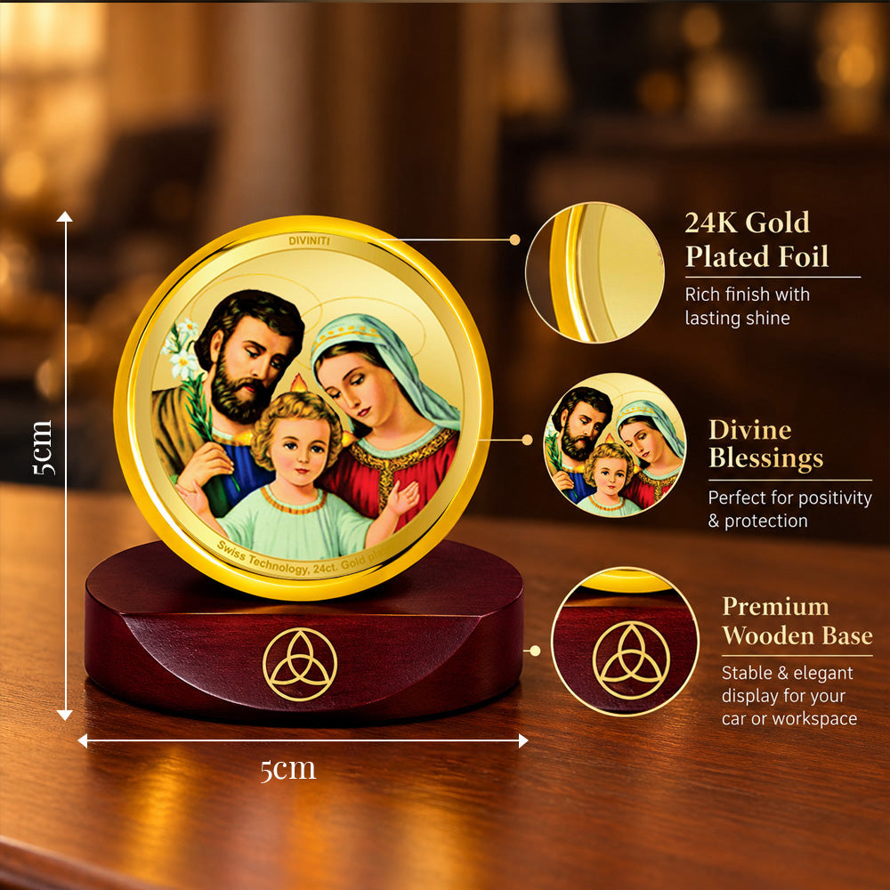 24K Gold-Plated Holy Family Car Dashboard Frame | 5x5 CM
