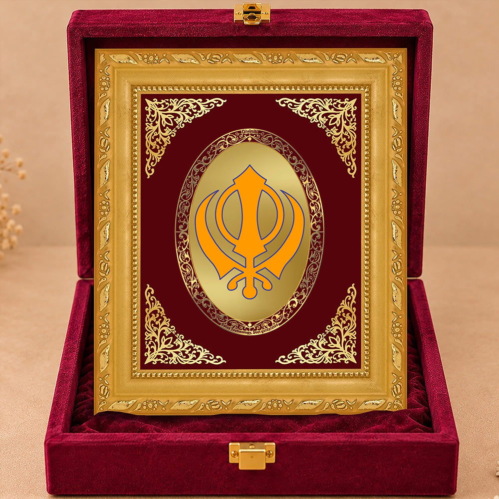 24K Gold-Plated Khanda Sahib BG Frame | Premium Gift Box | 16 X 13.5 CM
