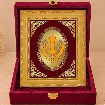 24K Gold-Plated Khanda Sahib BG Frame | Premium Gift Box | 16 X 13.5 CM
