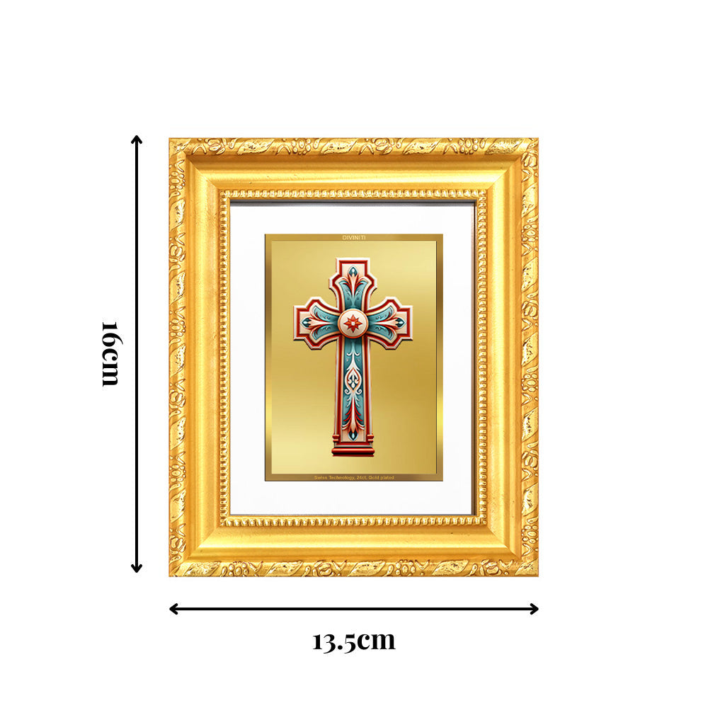 Diviniti 24K Gold Plated Holy Cross |Divine Table Top Frame for Home Mandir & Office Decor | Luxury Spiritual Gift