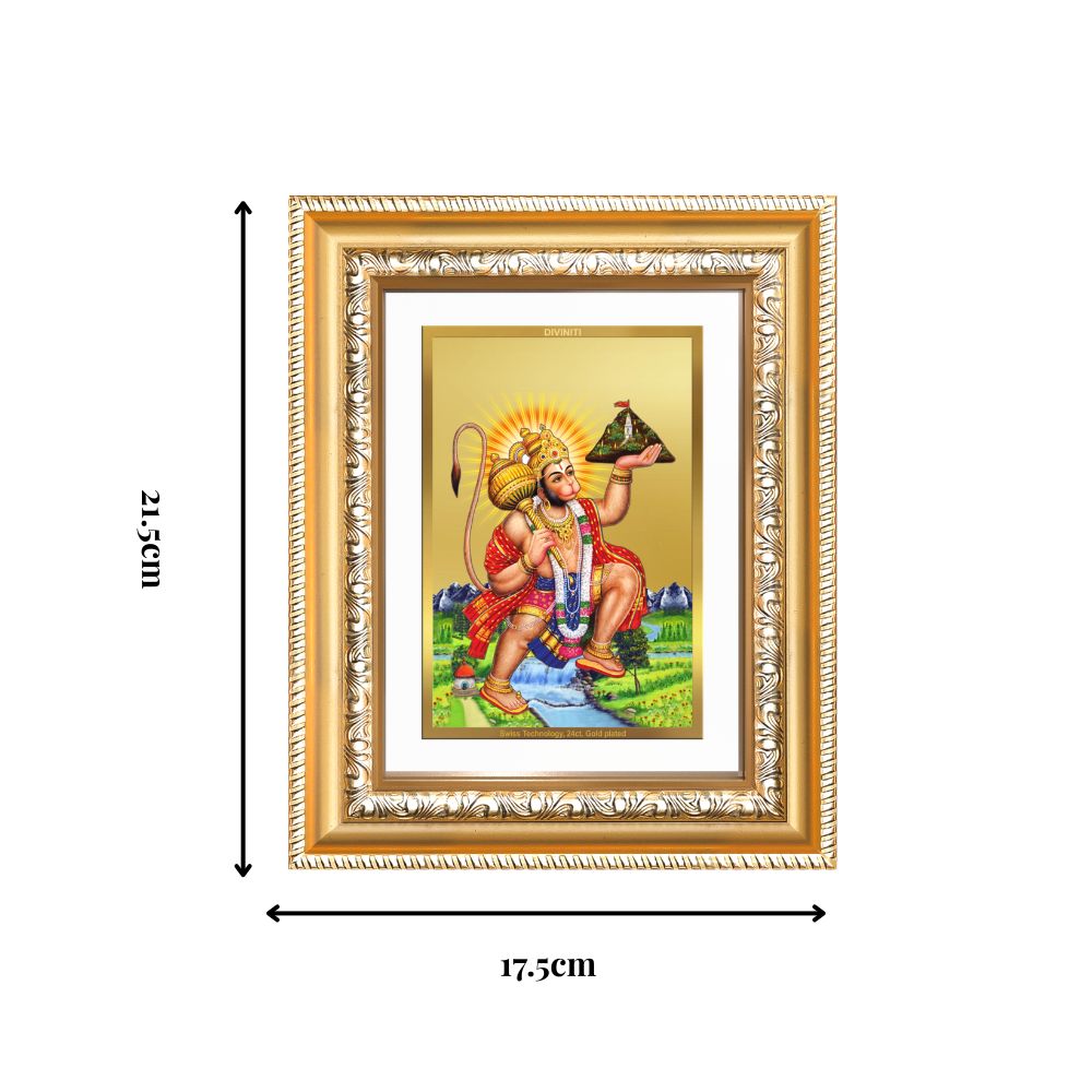 Diviniti 24K Gold Plated Hanuman With Mountain (Classic) Divine Wall and Table Top Frame for Home Mandir & Office Decor | Luxury Spiritual Gift
