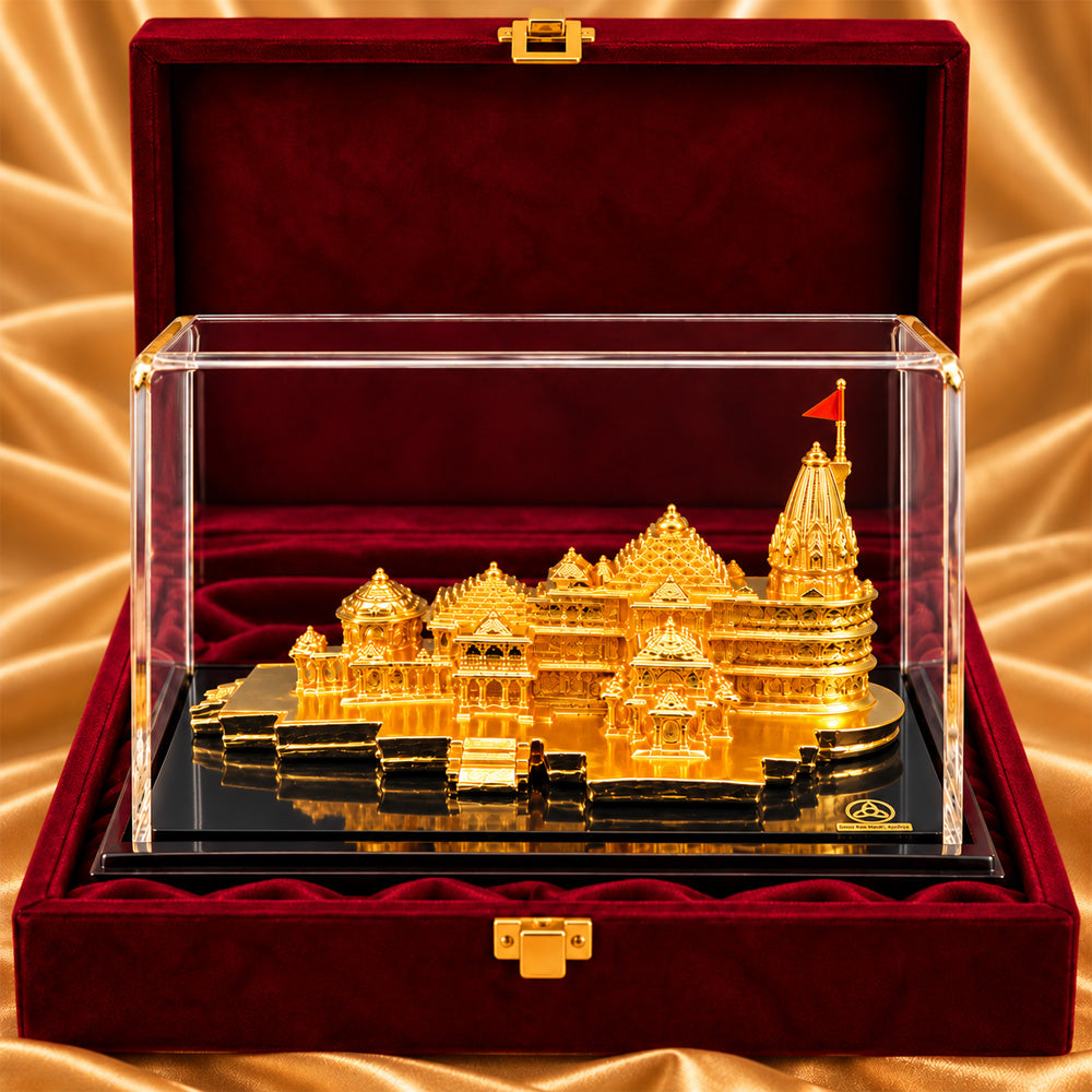 24K Gold-Plated Ram Mandir Showpiece | Premium Gift Box | 12x23 CM
