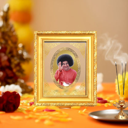 Satya Sai Baba Divine Spiritual Guidance & Seva Sacred Royal Tabletop Frame in 24K Gold Plated Foil