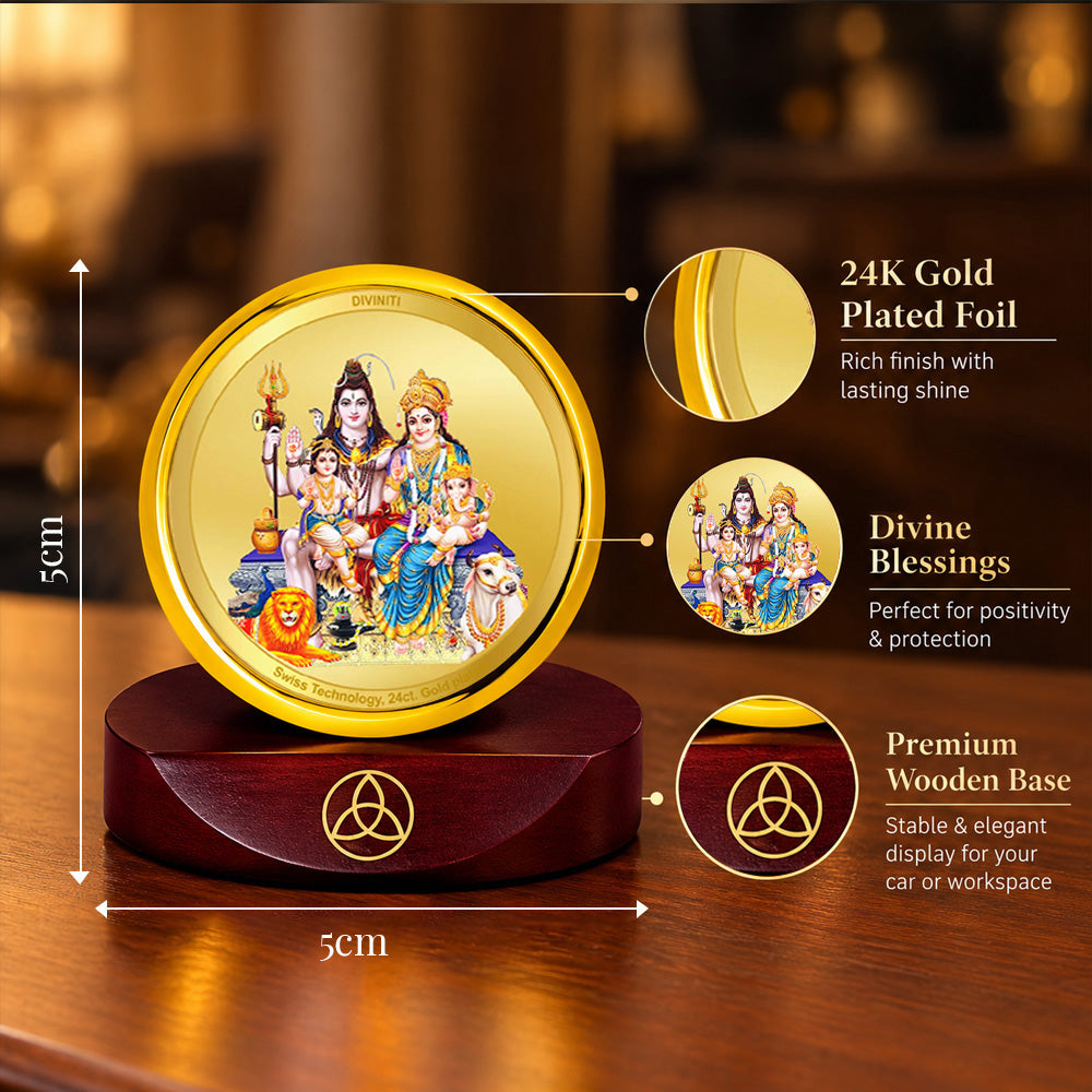 24K Gold-Plated Shiv Parivar Car Dashboard Frame | 5x5 CM