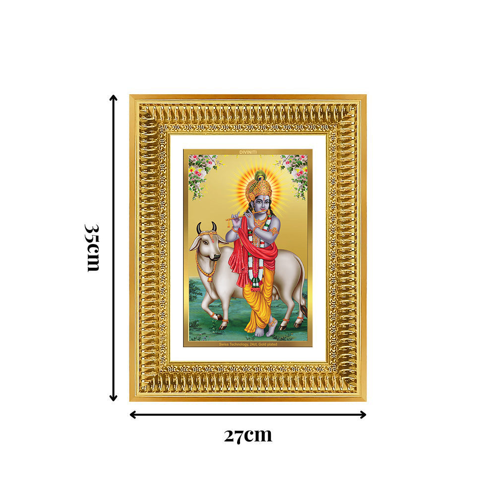 Diviniti 24K Gold Plated Krishna With Surbhi Cow (Classic) Divine Wall Frame for Home Mandir & Office Decor | Luxury Spiritual Gift