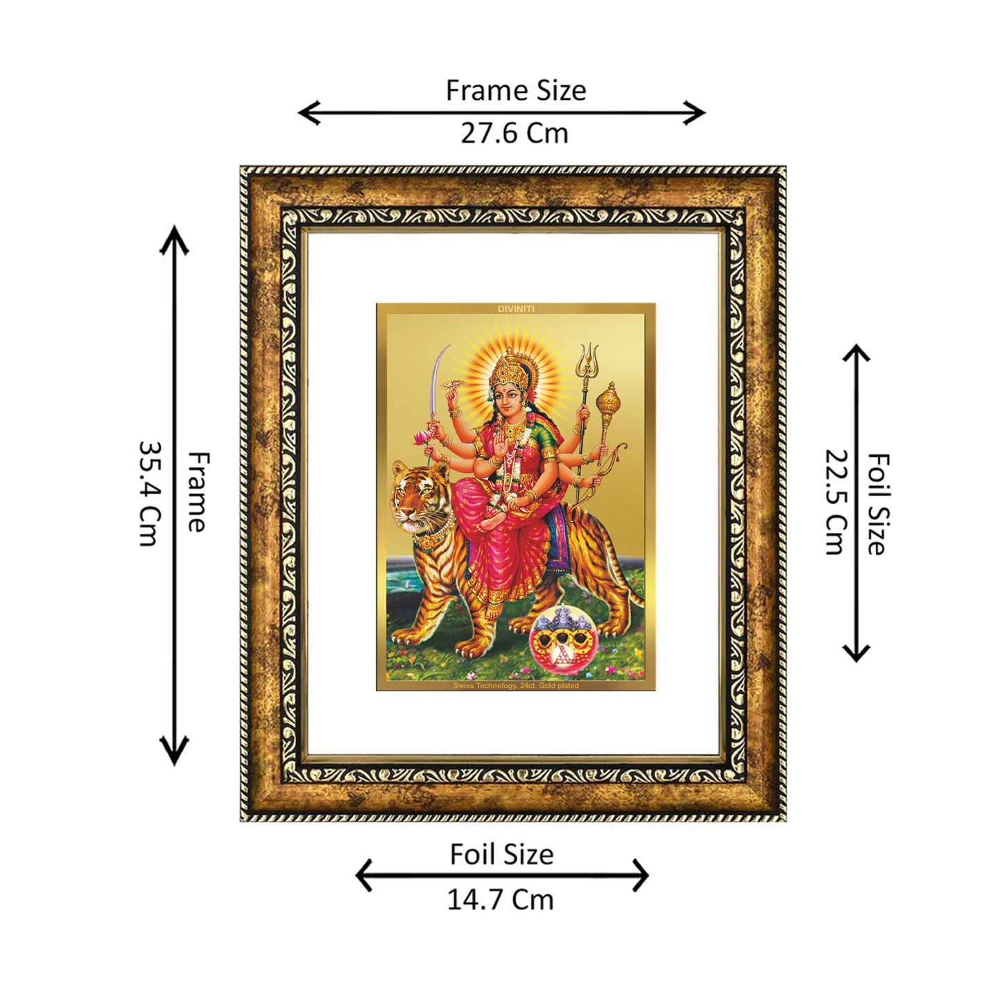 DIVINITI 24K Gold Plated Foil Durga Wall Photo Frame for Home Decor, Wall Hanging, Table Top, Puja Room & Gift DG113S3 (27.6X35.4 CM)