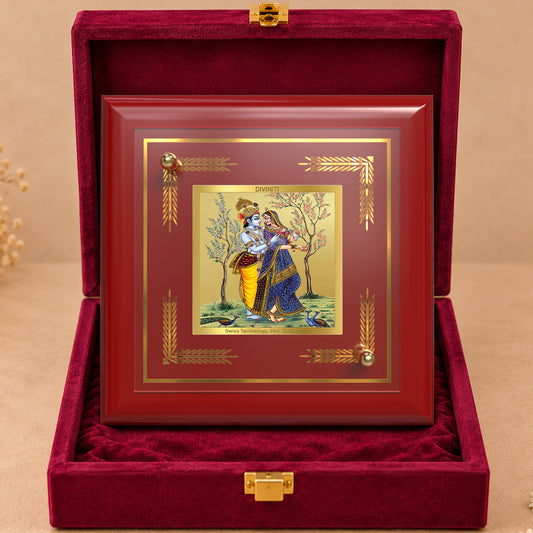 24K Gold-Plated Radha Krishna with Peacock MDF Frame | Premium Gift Box | 10x10 CM