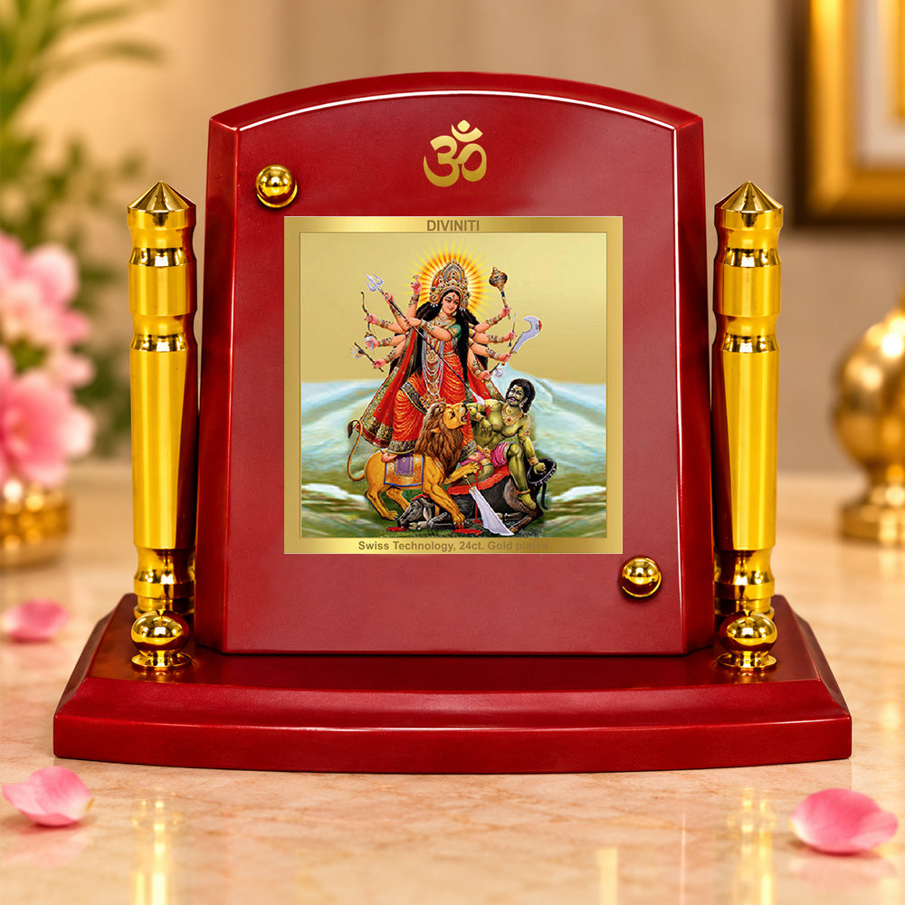 24K Gold-Plated Durga Mahishasura Mardini MDF Car Dashboard Frame | 7.5x9 CM