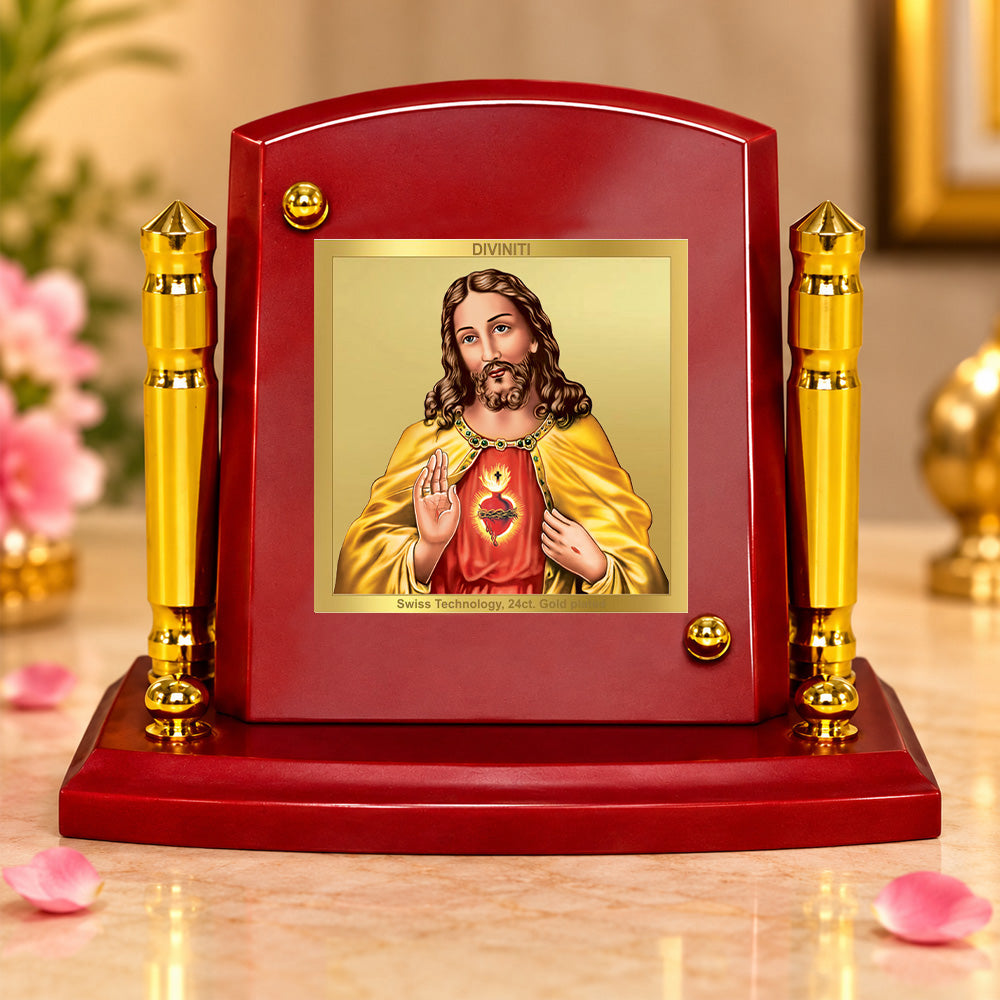 24K Gold-Plated Jesus Christ MDF Car Dashboard Frame | 7.5x9 CM