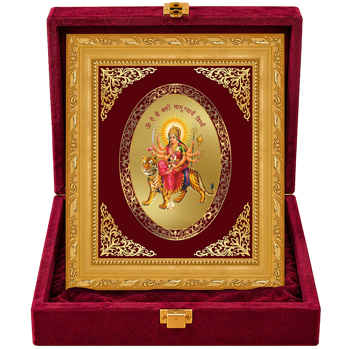 24K Gold-Plated Durga Mata Mantra Frame | Premium Gift Box | 21.5x17.5 CM