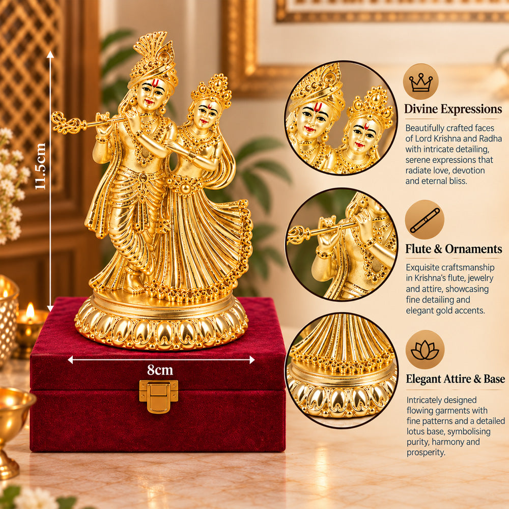 24K Gold-Plated Radha Krishna Idol | Premium Gift Box | 11.5x8 CM