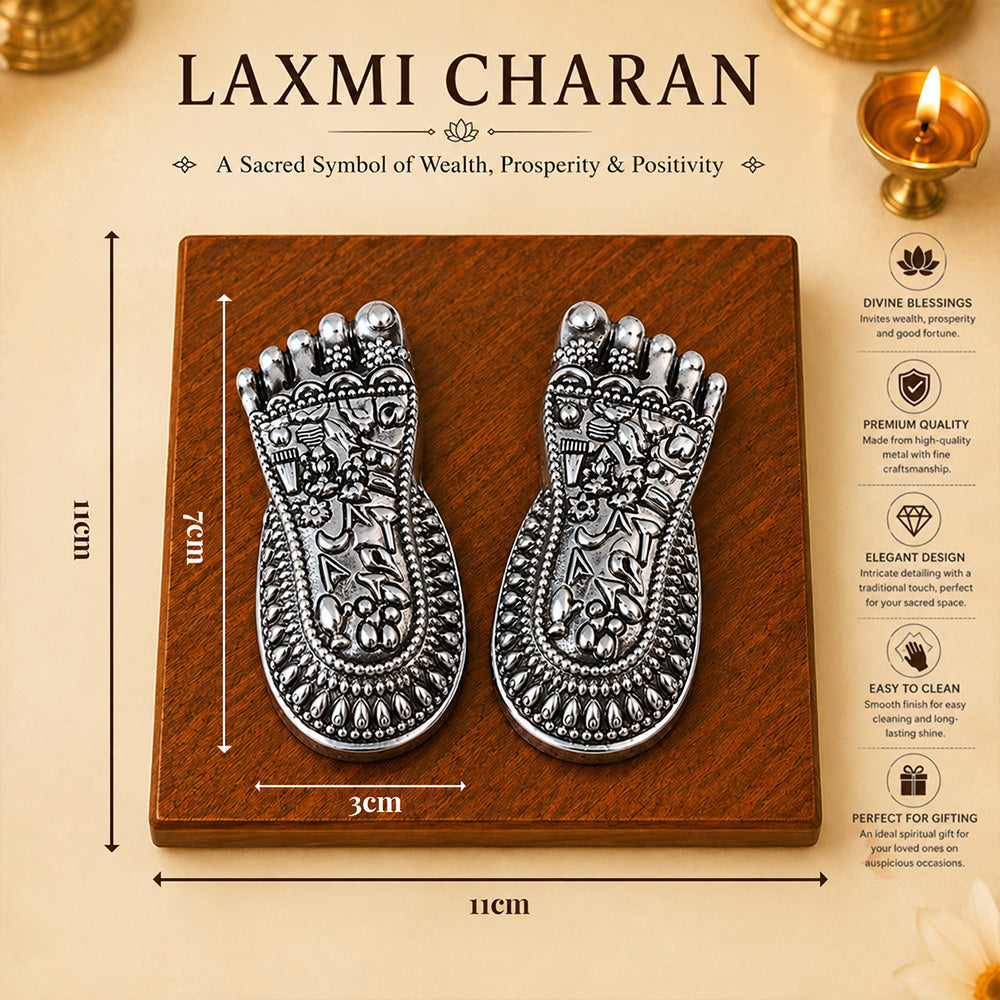999 Silver-Plated Antique Lakshmi Charan Paduka | Premium Gift Box | 7x3 CM