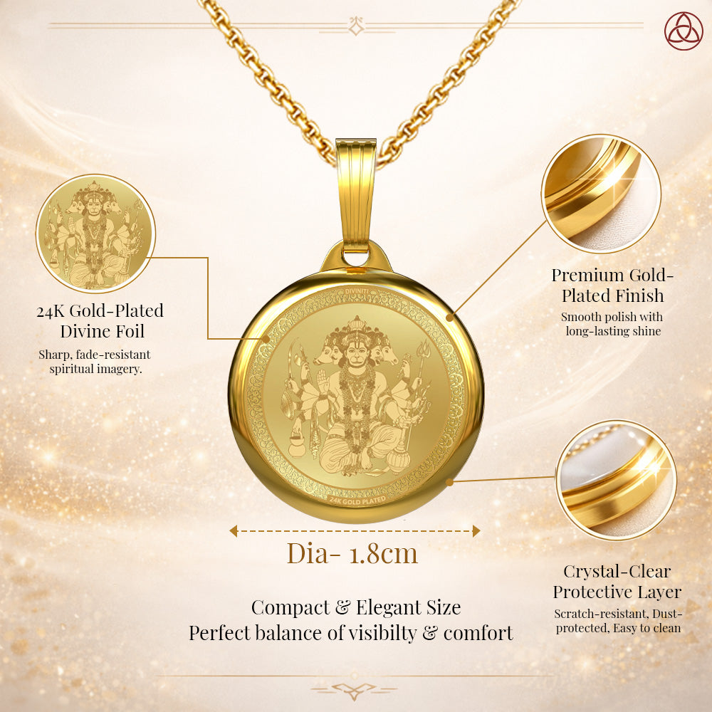 DIVINITI 24K Gold Plated Panchmukhi Hanuman & Sacred Yantra Pendant – 18mm Double-Sided Spiritual Pendant