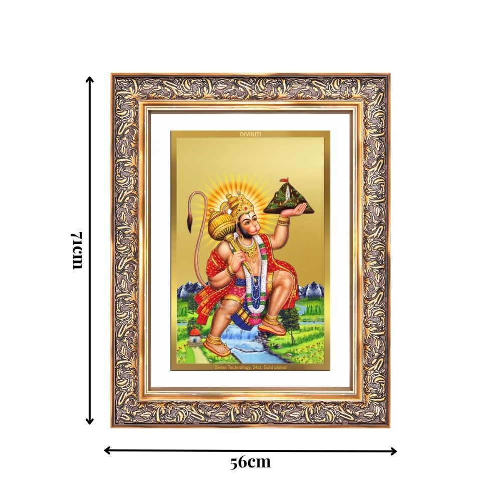 Diviniti 24K Gold Plated Hanuman With Mountain (Classic) Divine Wall Frame for Home Mandir & Office Decor | Luxury Spiritual Gift