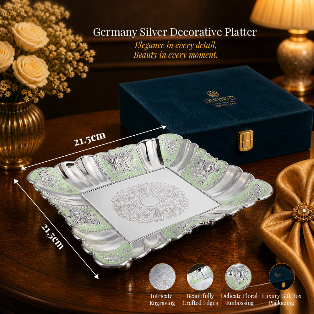 Diviniti Green German Silver Decorative Platter with Luxury Gift Box showcasing intricate design and elegant craftsmanship.