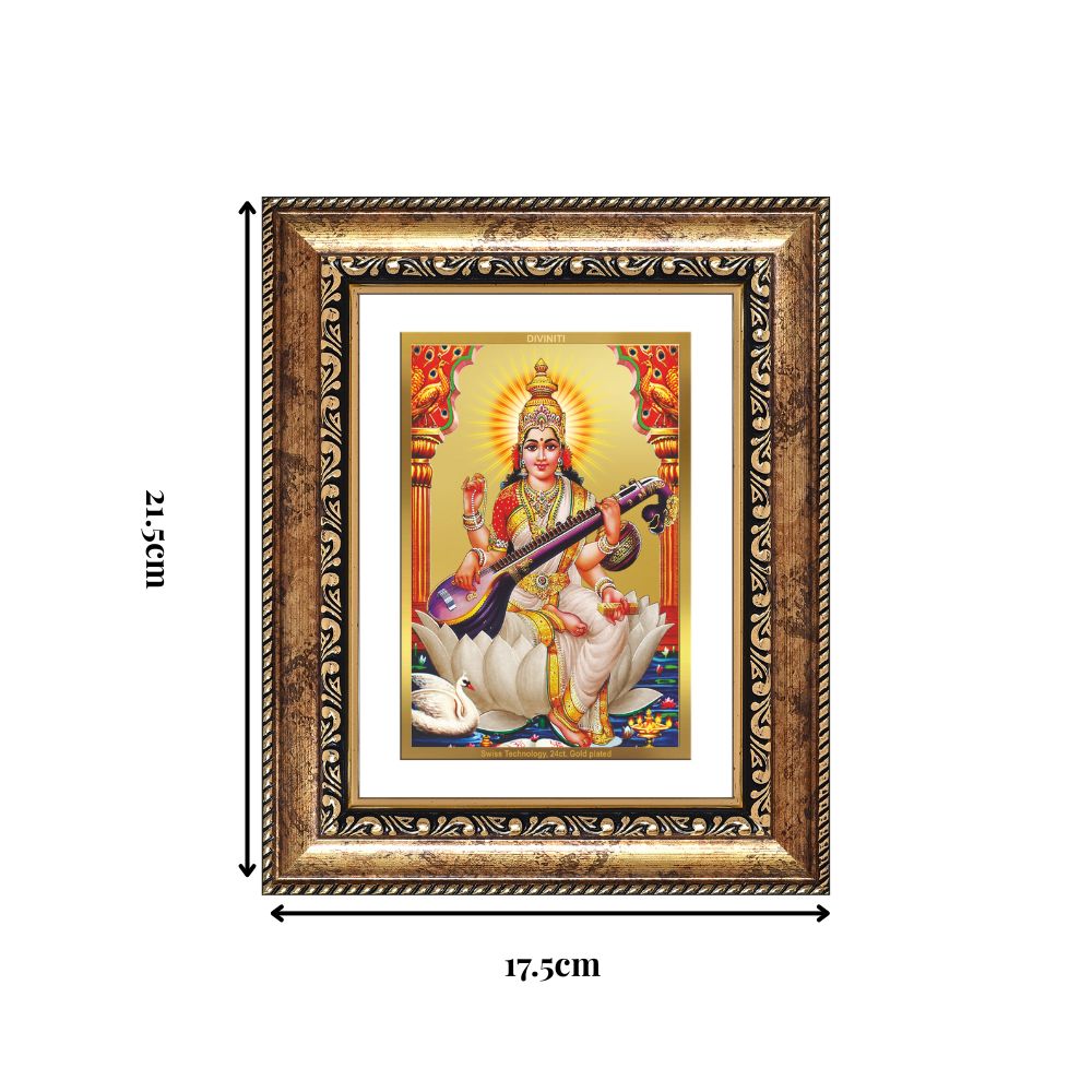 Diviniti 24K Gold Plated Saraswati Mata (Classic) Divine Wall and Table Top Frame for Home Mandir & Office Decor | Luxury Spiritual Gift
