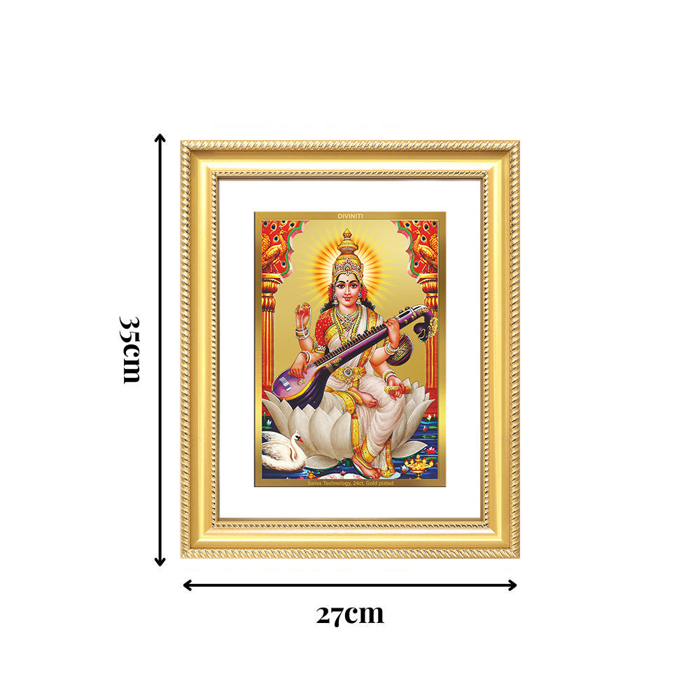 Diviniti 24K Gold Plated Saraswati Mata (Classic) Divine Wall Frame for Home Mandir & Office Decor | Luxury Spiritual Gift
