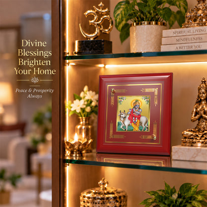 24K Gold-Plated Lord Krishna with Surbhi Cow MDF Frame | Premium Gift Box | 10x10 CM