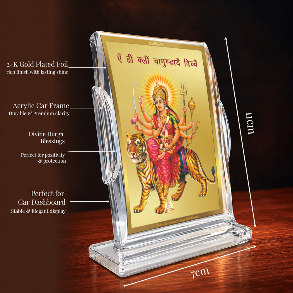 24K Gold-Plated Durga Ji Acrylic Car Dashboard Frame | 11x7 CM