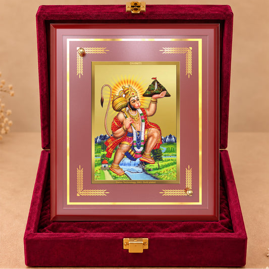 24K Gold-Plated Hanuman with Sanjeevani Mountain MDF Frame | Gift Box | 22 x18 CM