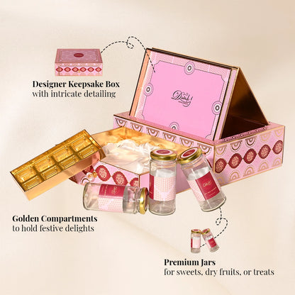 Diwali Gift Hamper | Three Glass Premium Glass Jars with Golden Compartments in Designer Keepsake Box