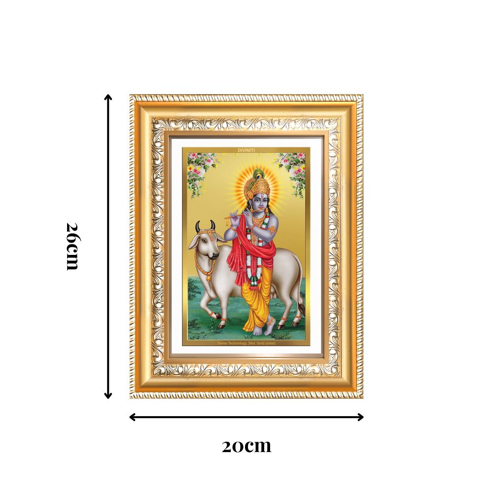 Diviniti 24K Gold Plated Krishna With Surbhi Cow (Classic) Divine Wall Frame for Home Mandir & Office Decor | Luxury Spiritual Gift