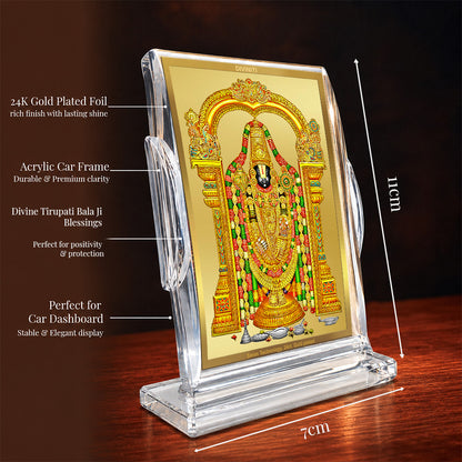 24K Gold-Plated Lord Tirupati Balaji Acrylic Car Dashboard Frame | 11x7 CM