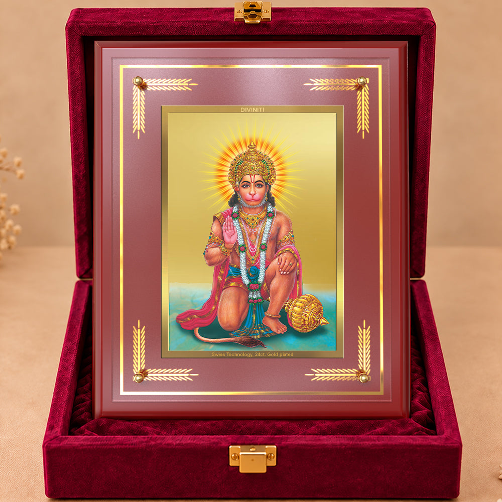 24K Gold-Plated Lord Hanuman MDF Frame | Premium Gift Box | 27x35 CM