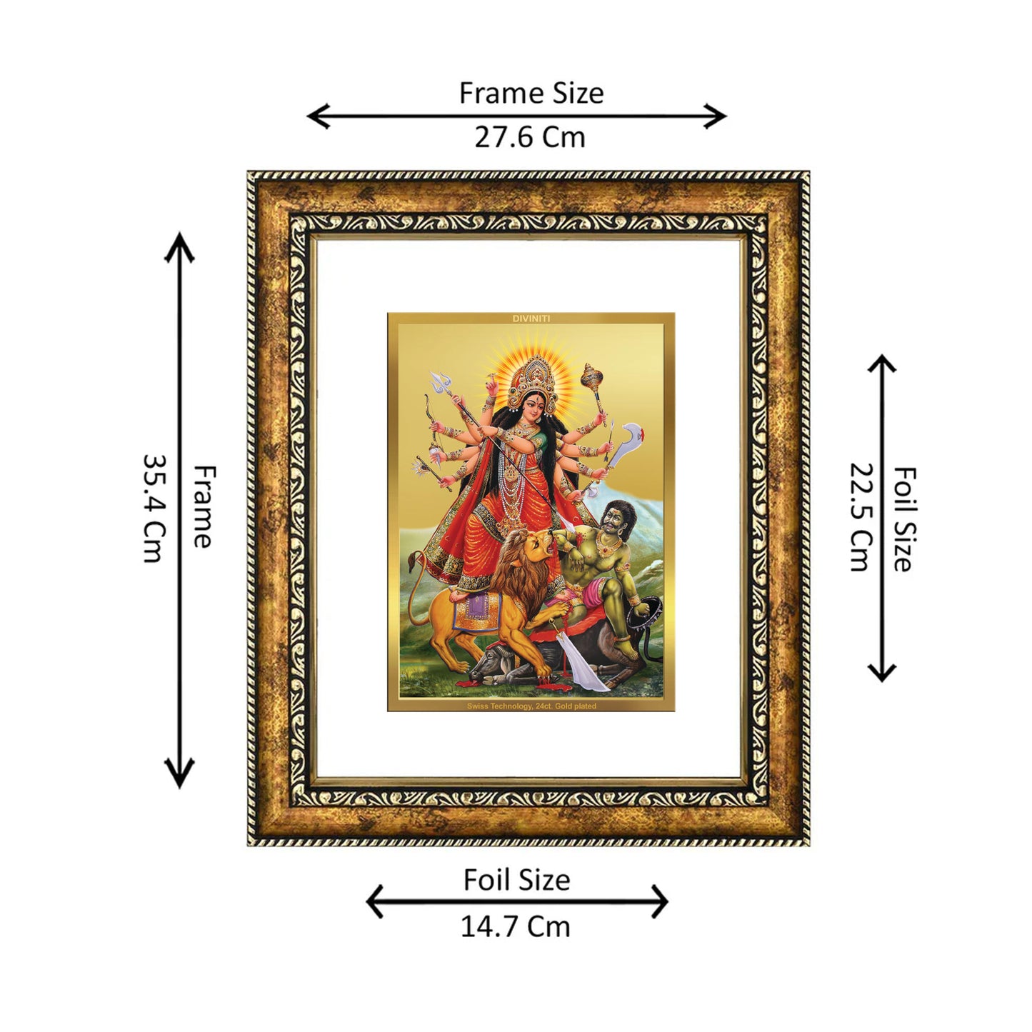 DIVINITI 24K Gold Plated Goddess Durga Wall Photo Frame for Home Decor, Wall Hanging, Table Top, Puja Room & Gift DG113S3 (27.6X35.4 CM)