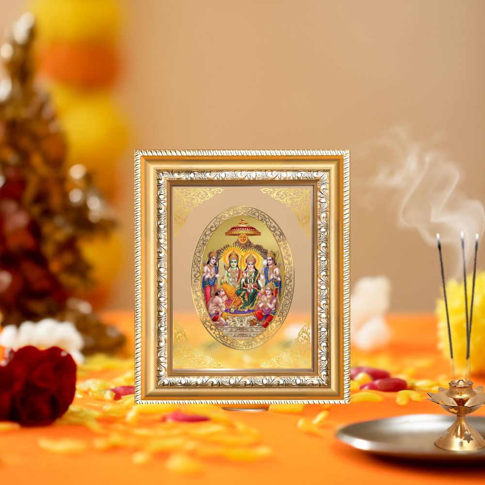 Ram Darbar Divine Shri Ram Family Sacred Dharma & Harmony Royal Tabletop Frame in 24K Gold Plated Foil