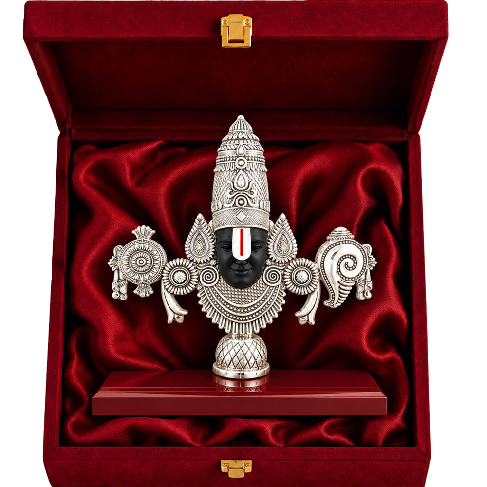 999 Silver-Plated Lord Tirupati Balaji Idol | Premium Gift Box | 13x14 CM